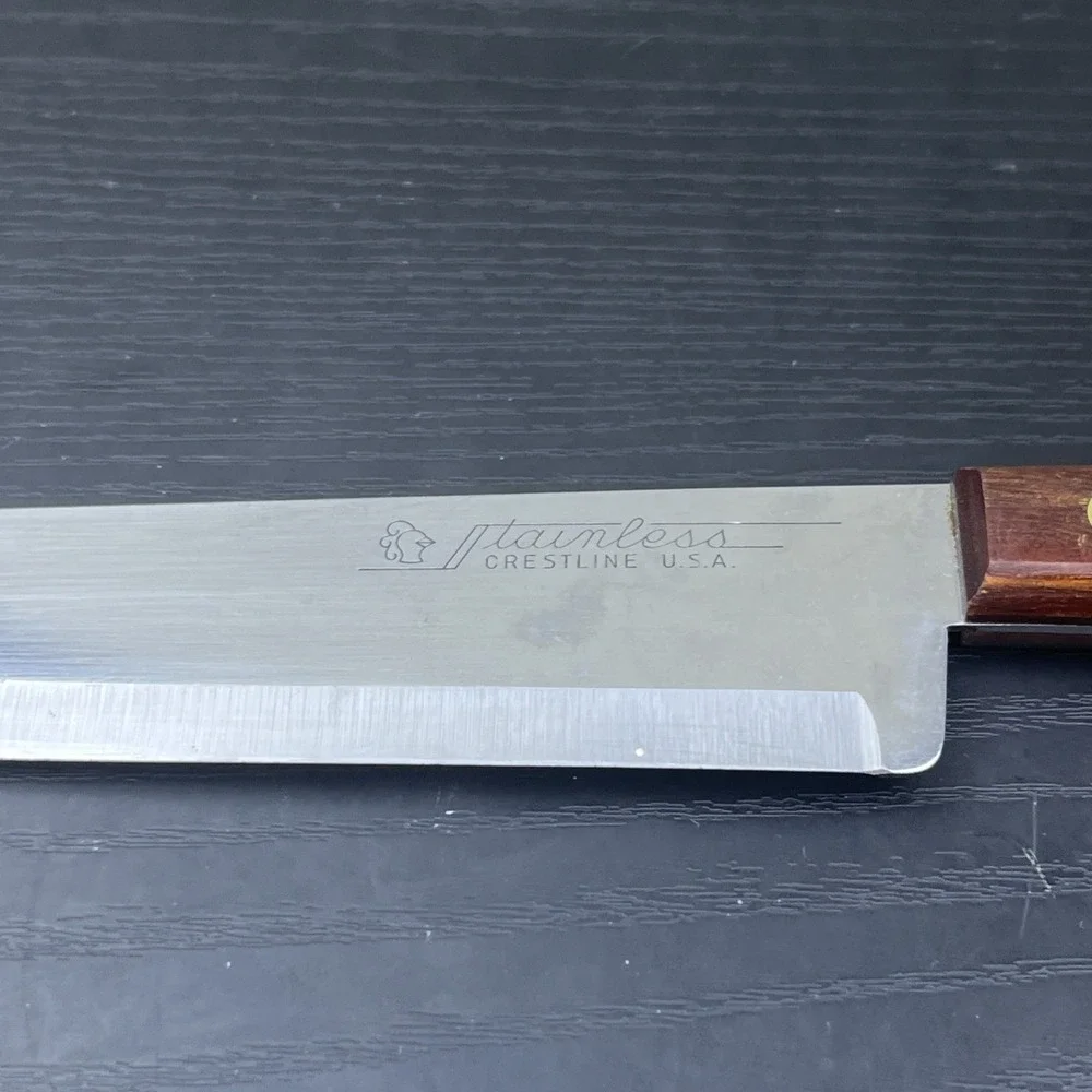 Vintage Stainless Crestline USA Carving Slicing Knife Brown Handle Kitchen Cutle